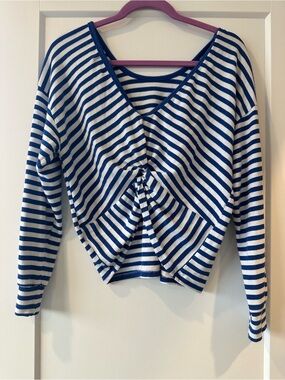 SUNDRY Twist Back Sweater Sz 1 SMALL White Blue Stripe TWIST BACK PULLOVER